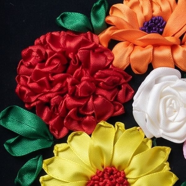 Satin ribbon flowers stitched by hand